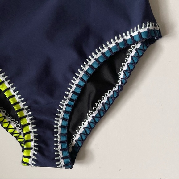 Platinum Inspired by Solange Ferrarini Women Crochet Trim OnePiece Navy Swimsuit - Picture 7 of 13